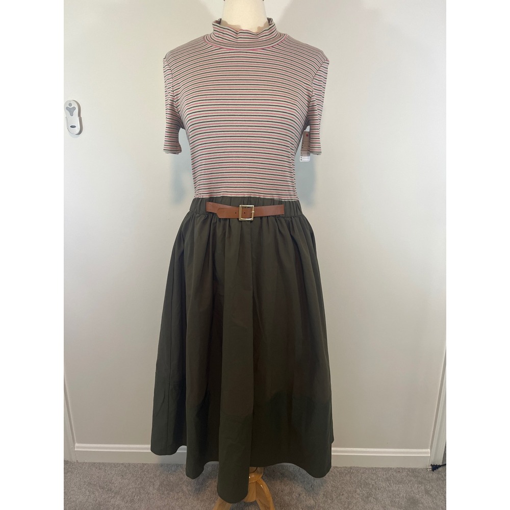 Anthropologie Maeve Dress Mockneck Ribbed Stripe Top Full Olive Midi Skirt Large